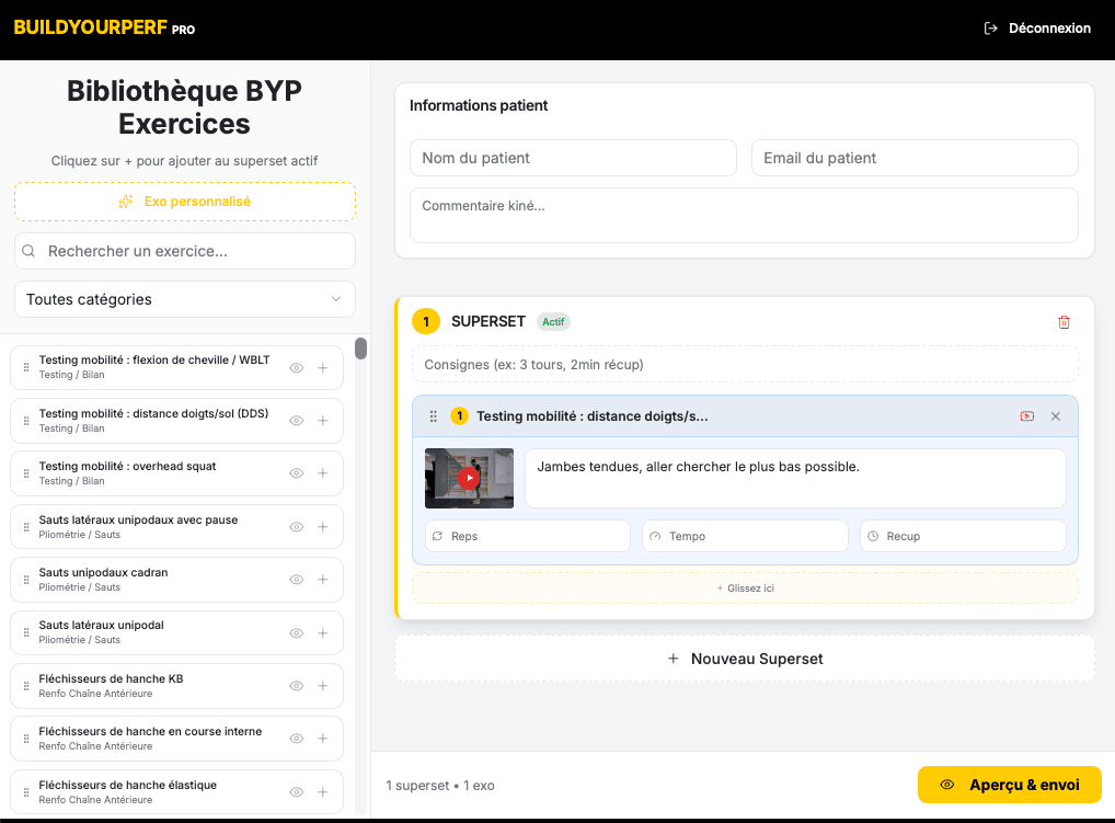 Interface de BYP EXO : bibliothèque d'exercices et construction d'un superset