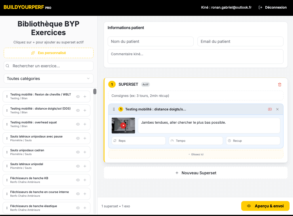 Interface de BYP EXO - Générateur de séances de renforcement pour kinésithérapeutes